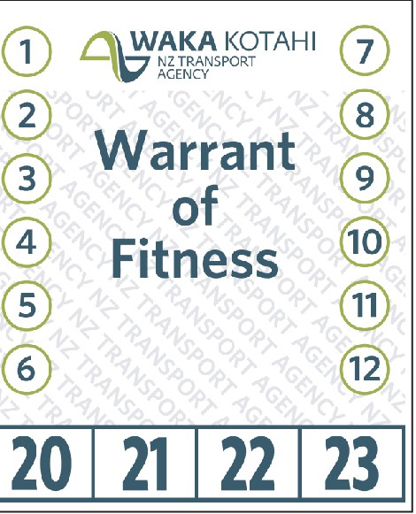 The front of a real New Zealand Warrant of Fitness label, showing the circled month and year of expiry